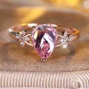 NEW 14k Rose Gold Pink Sapphire Pear Cut Diamond Ring Tear Drop Ring